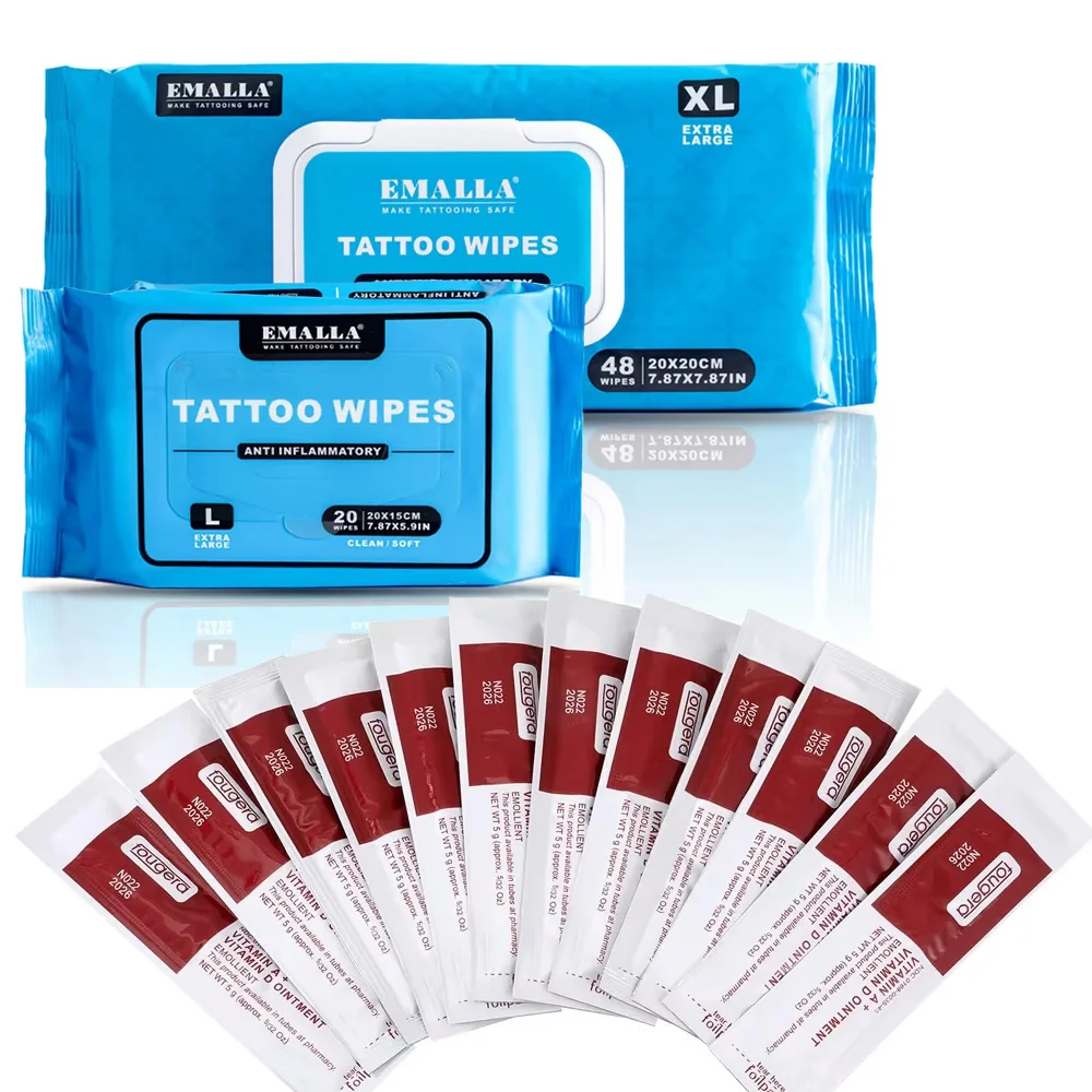 

EMALLA Tattoo Aftercare Wipes Green Soap Cleaning Wipes and Tattoo Aftercare Cream Vitamin Ointment A&D Anti Scar Gel Supplies