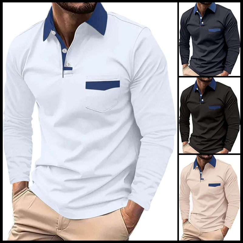 

New Men Clothes Long Sleeve Lapel Polo Shirt Men Business Casual Print Pocket Stitching Polo Shirt Tops
