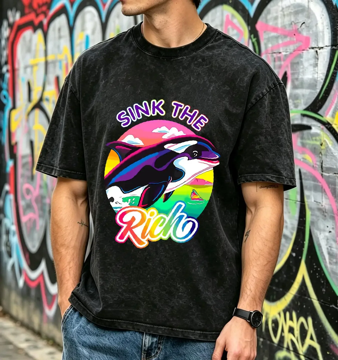 washed T Shirt Sink the Rich Funny Orca Killer Whale Meme long or short sleeves vintage Washed designer clothes Versatile homme