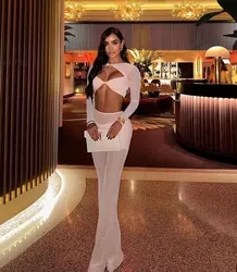 High  End Fashion Women Beige Sexy Beige Tulle Outfits Long Sleeve Bustier Tops And Skirt Long Pants Two Piece Set Evening Party