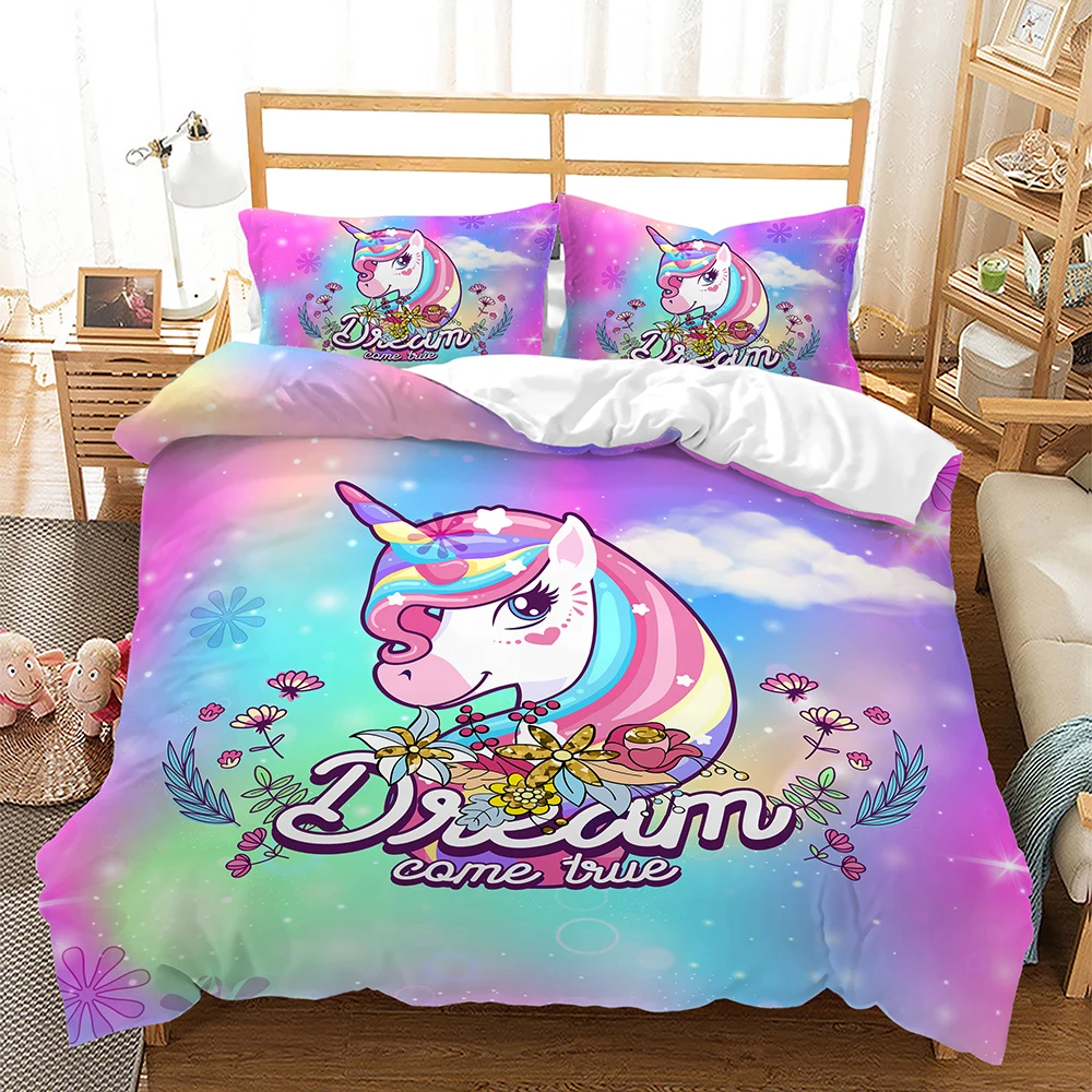 

3D Printed Rainbow Unicorn Duvet Cover Colorful Cartoon Bedding Set Polyester with Pillowcase for Kids Teens Gift Bedroom Decor