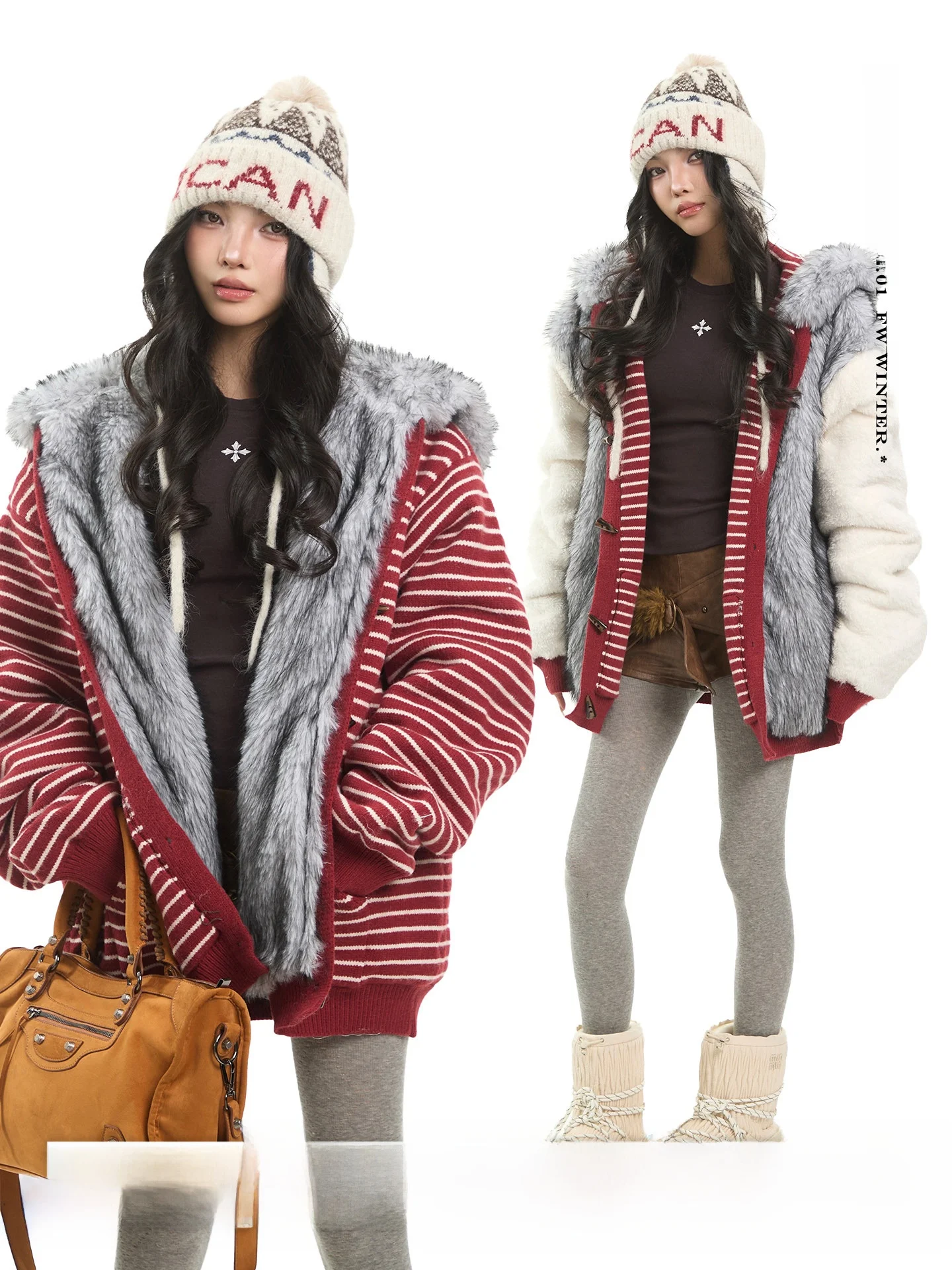 

Унисекс-куртка в американском ретро-стиле с капюшоном, в полоску, из утолщенного хлопка, женская зимняя, двусторонняя, теплая, плюшевая верхняя одежда, пальто