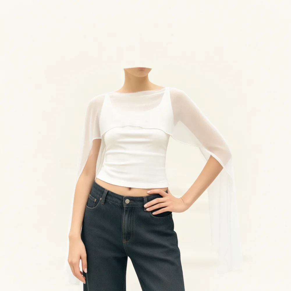 Sexy Off Shoulder Mesh Tank Top Women Summer Slim Fit Cape Blouse Elegant Sleeveless Vest Casual Streetwear Fashion Tops
