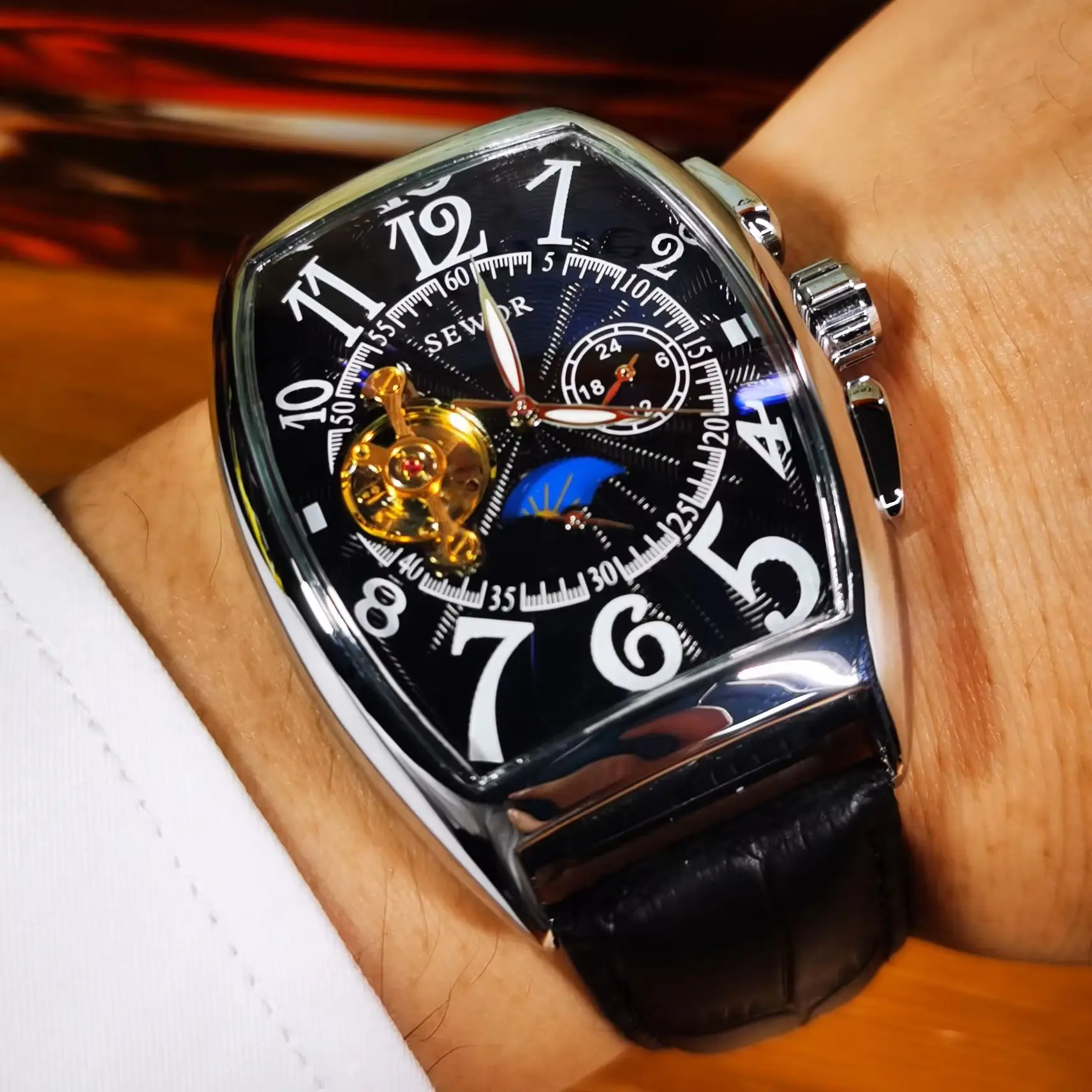 SEWOR Fashion Mechanical Watch for Men Moon Phase Tourbillon Skeleton Automatic Watches Leather Strap Business Mens Wristwatches