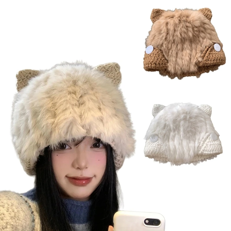 

Fashion Cats Ear Hat for Winter Furry Plush Hat for Women Outdoor Headwear Skiing Mountain Climbing Coldproof Caps