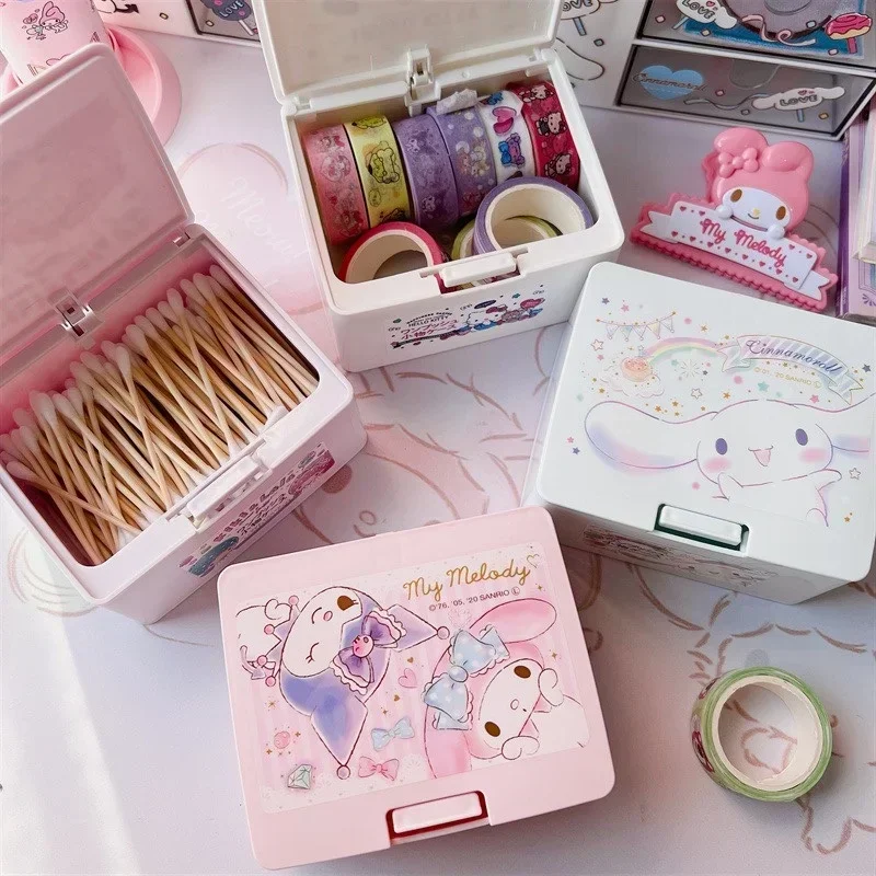 Sanrioed My Melody Kuromi One Push One Touch Open Type Lid Accessory Cosmetics Case Cotton Swab Box Press Pop Makeup Box