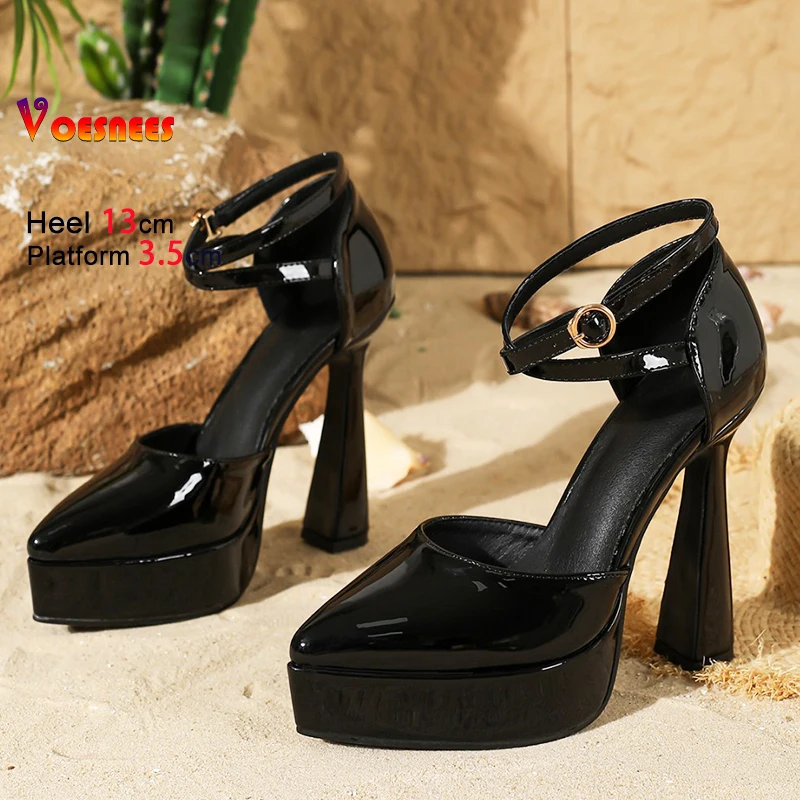 

Женские летние босоножки на высоком каблуке с острым носком 13 см, черные сандалии с пряжкой и ремешком, элегантные туфли на высоком каблуке