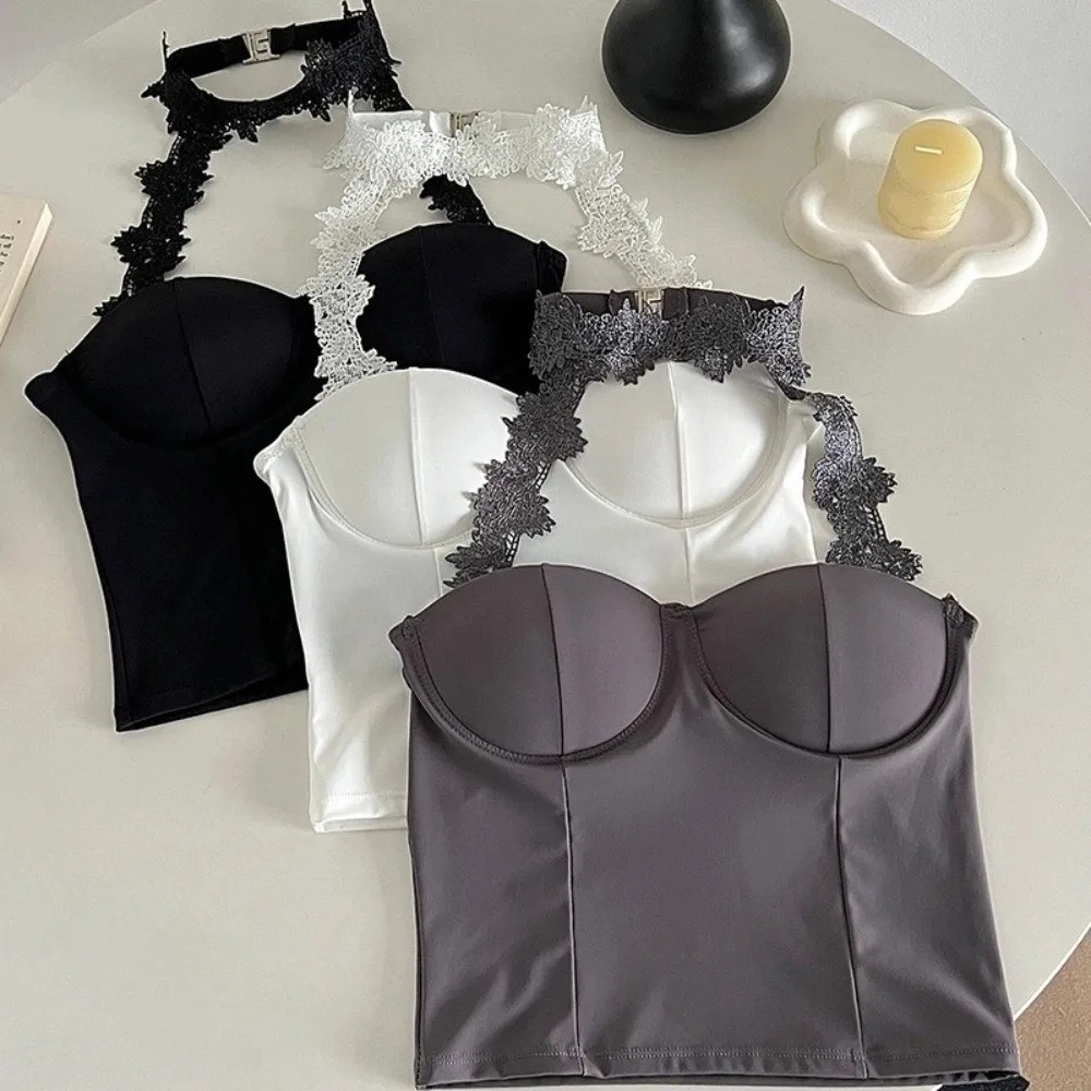 Halter Fashion Hanging Neck Lace Camisole Sleeveless Slim Fit Lace Corset Korean Y2K Ins Tanks Ice Silk Crop Tops Party