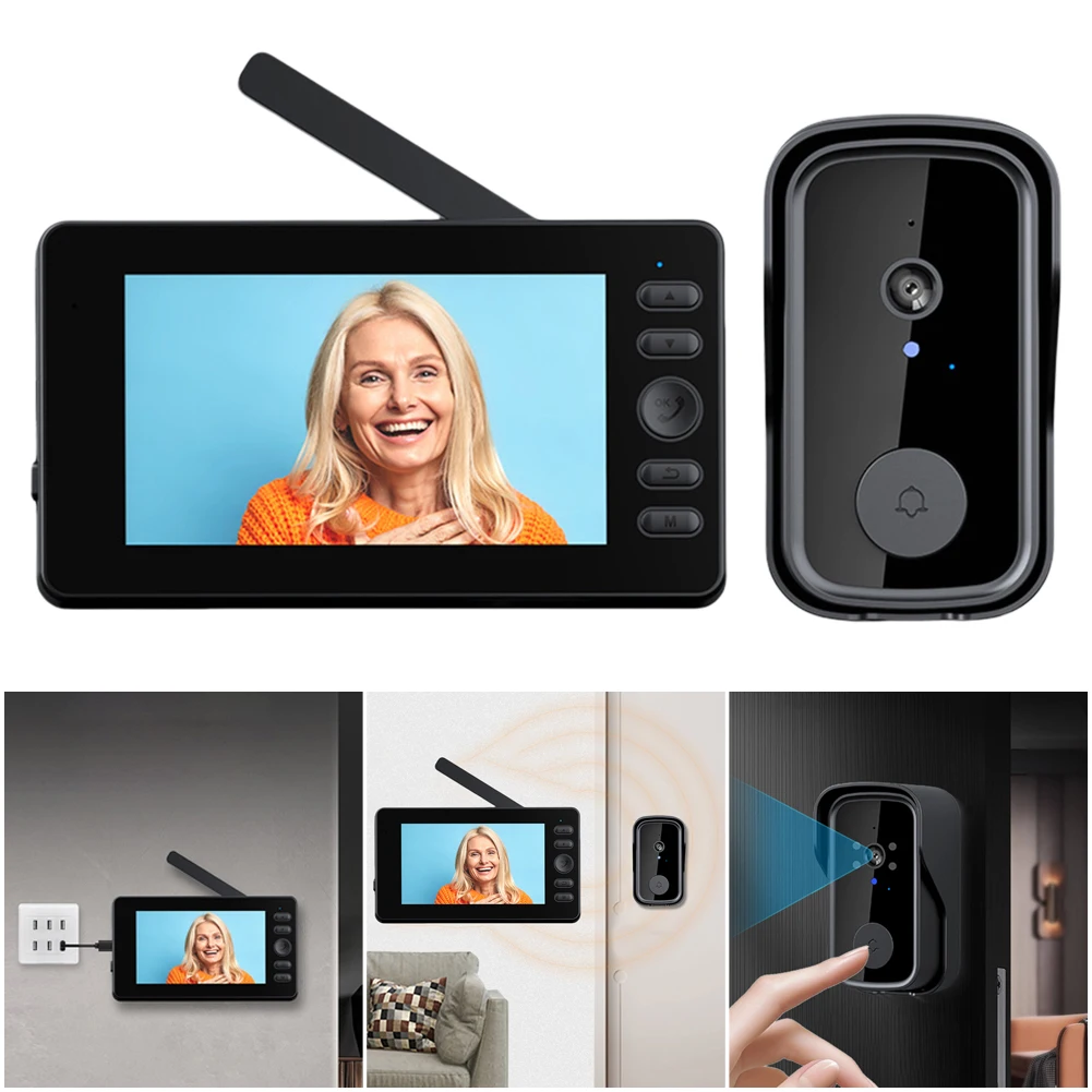 

Беспроводной дверной звонок с камерой и двусторонней аудиосвязью, 4,3-дюймовый экран для дома и офиса