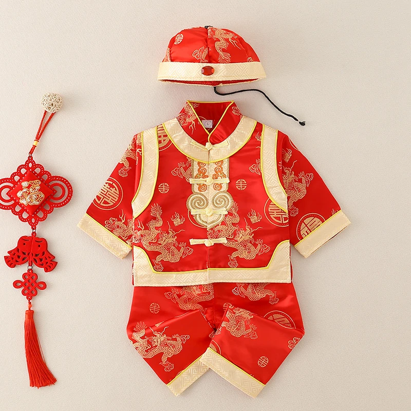 Chinese Traditional Tang Suit Girls Boys Newborn Baby Costumes Kids Tops Pants Hat Outfit Red New Year Birthday Gift Clothes