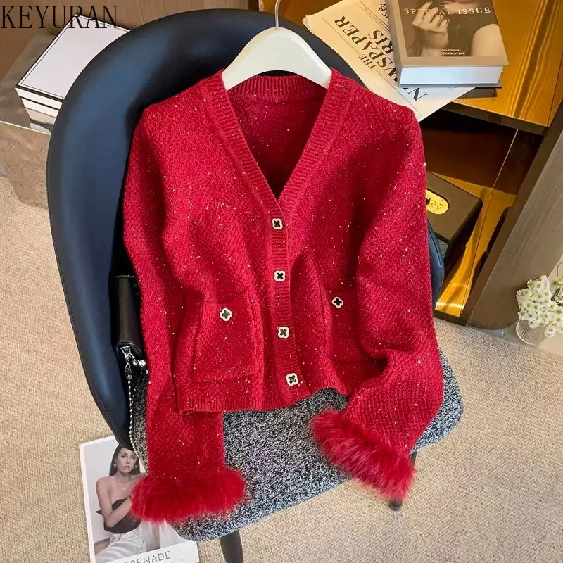 Elegancki czerwony kardigan damski na jesień i zimę, moda koreańska, krótki sweter z imitacji futra, patchworkowy czerwony płaszcz swetrowy, dzianina, dopasowany sweter.