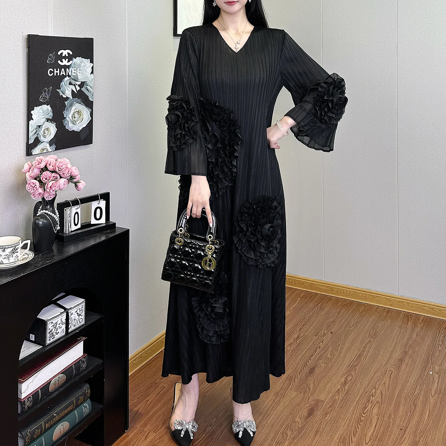 Vestido F Plus Size Estilo Urbano Solto com Mangas Largas e Saia em A de Cintura Alta para Outono