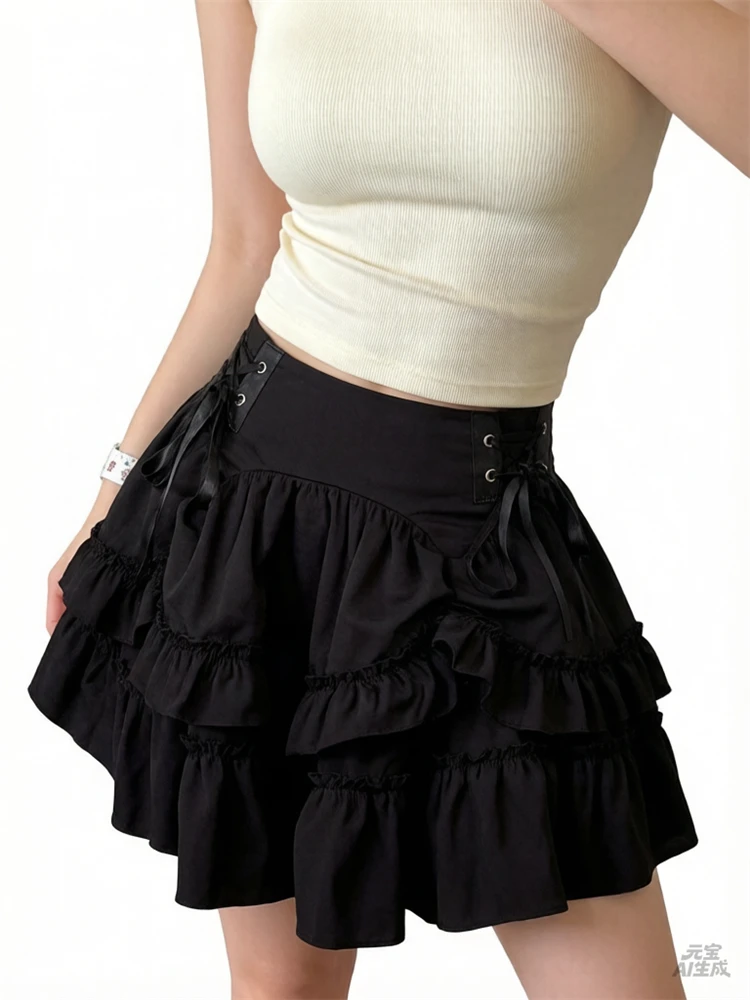 Gothic Y2k Lolita Women Medieval Half Skirt Vintage Fluffy Layered Puffy Skirt Cosplay Fashion Summer Mid Waist Skirt