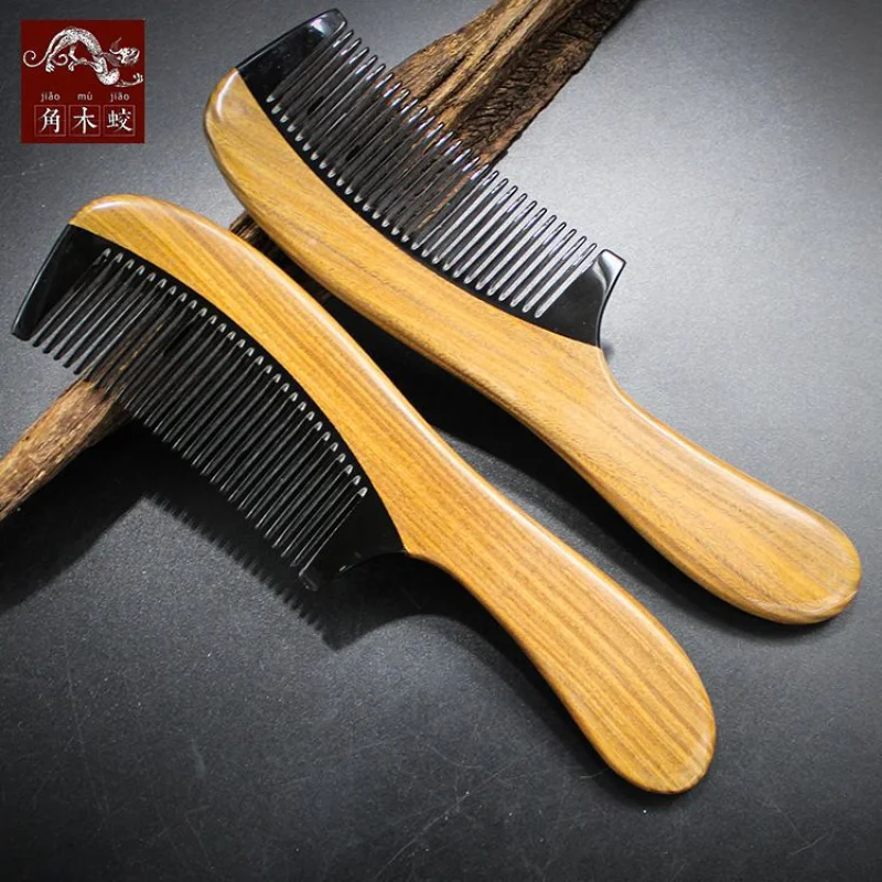 Large green sandalwood and buffalo horn comb with handle for massage and hair styling