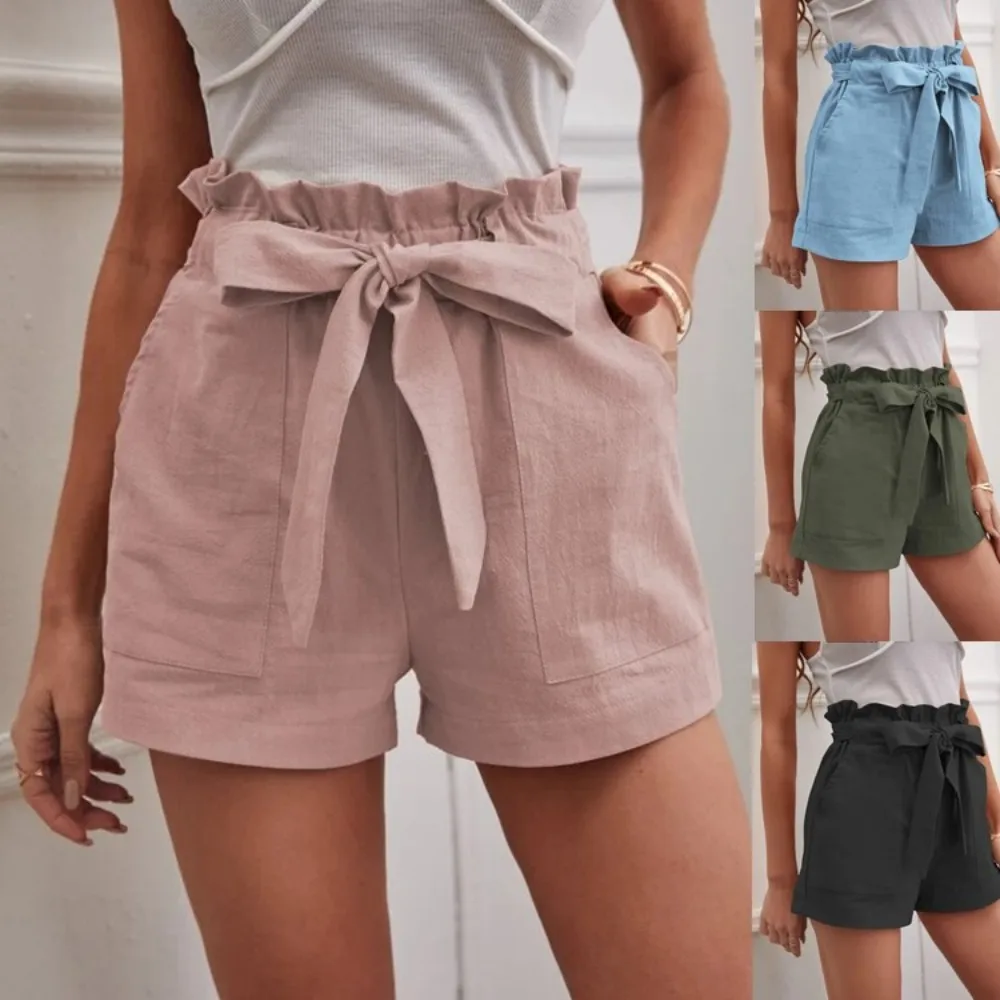 Summer women's loose linen casual shorts with pockets, solid color high waisted wide leg pants