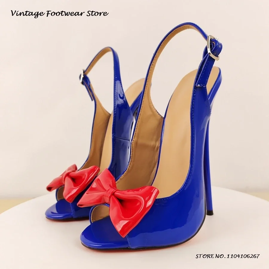 

Red Bowknot Patent Leather Blue Stilettos Sexy Round Open Toe 16cm High Heels Party Shoes Women's Buckle Strap Slingback Sandals