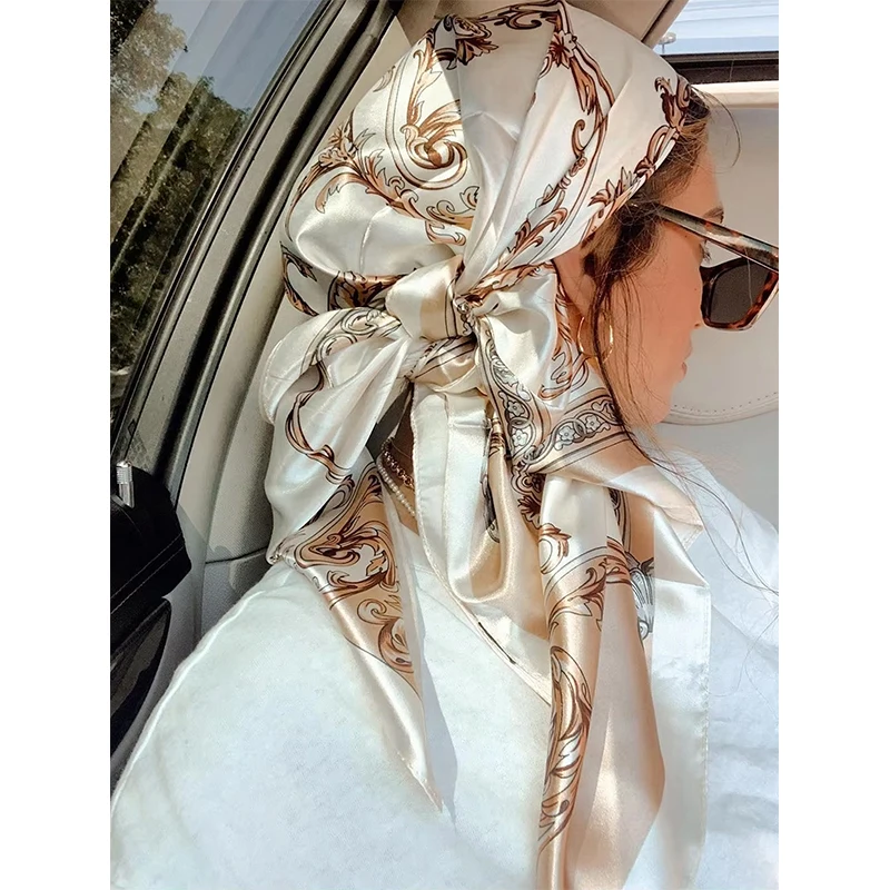 

Модный квадратный шелковый платок для женщин, с принтом, атласная мусульманская хиджаб-шаль, женский шейный платок, повязка на голову, аксессуар для волос, бандана