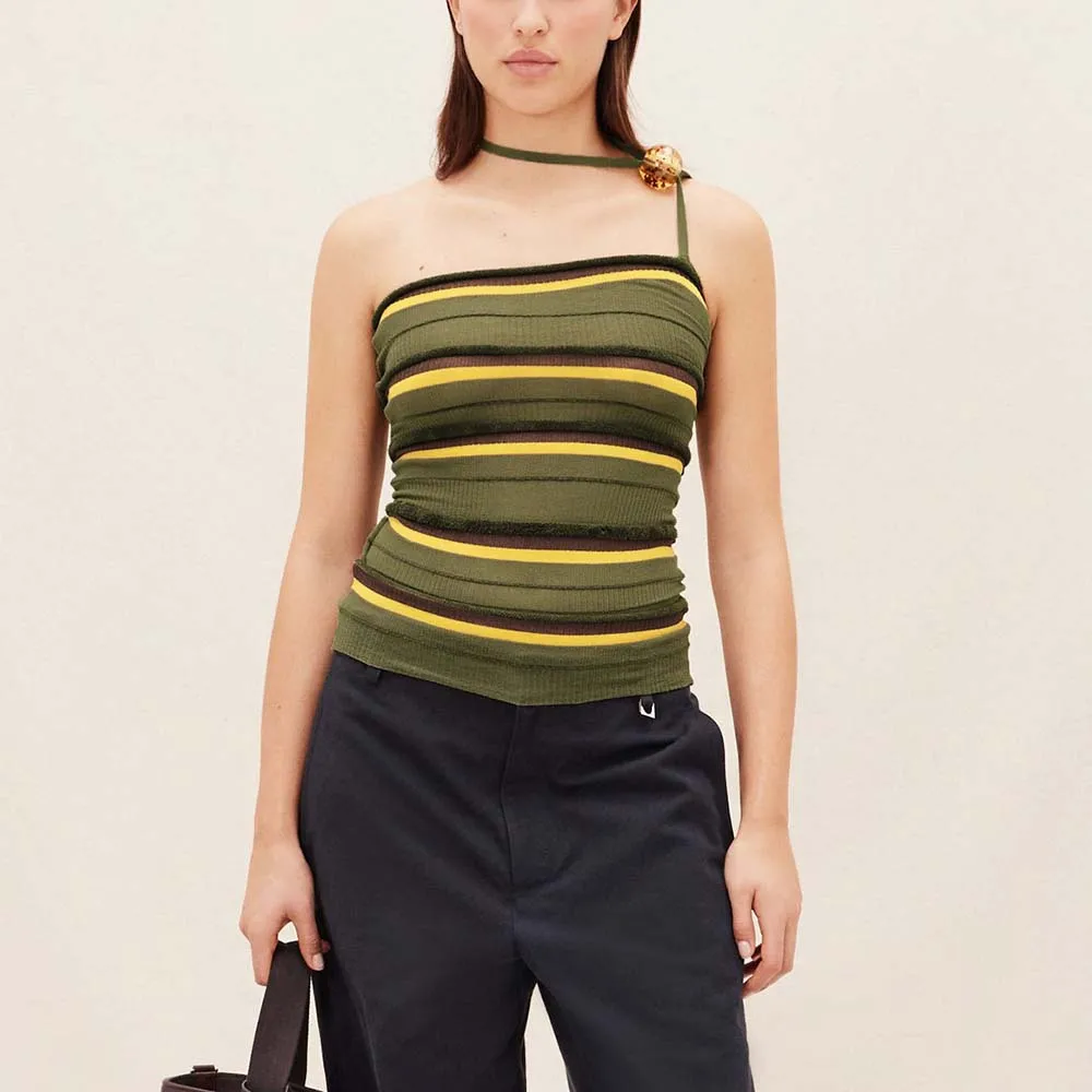 

2024 Spring & Summer New Y2k Collision Striped Neck Slant Neck Camisole Tank Top Fashion Casual Peplum Knit Tops Women