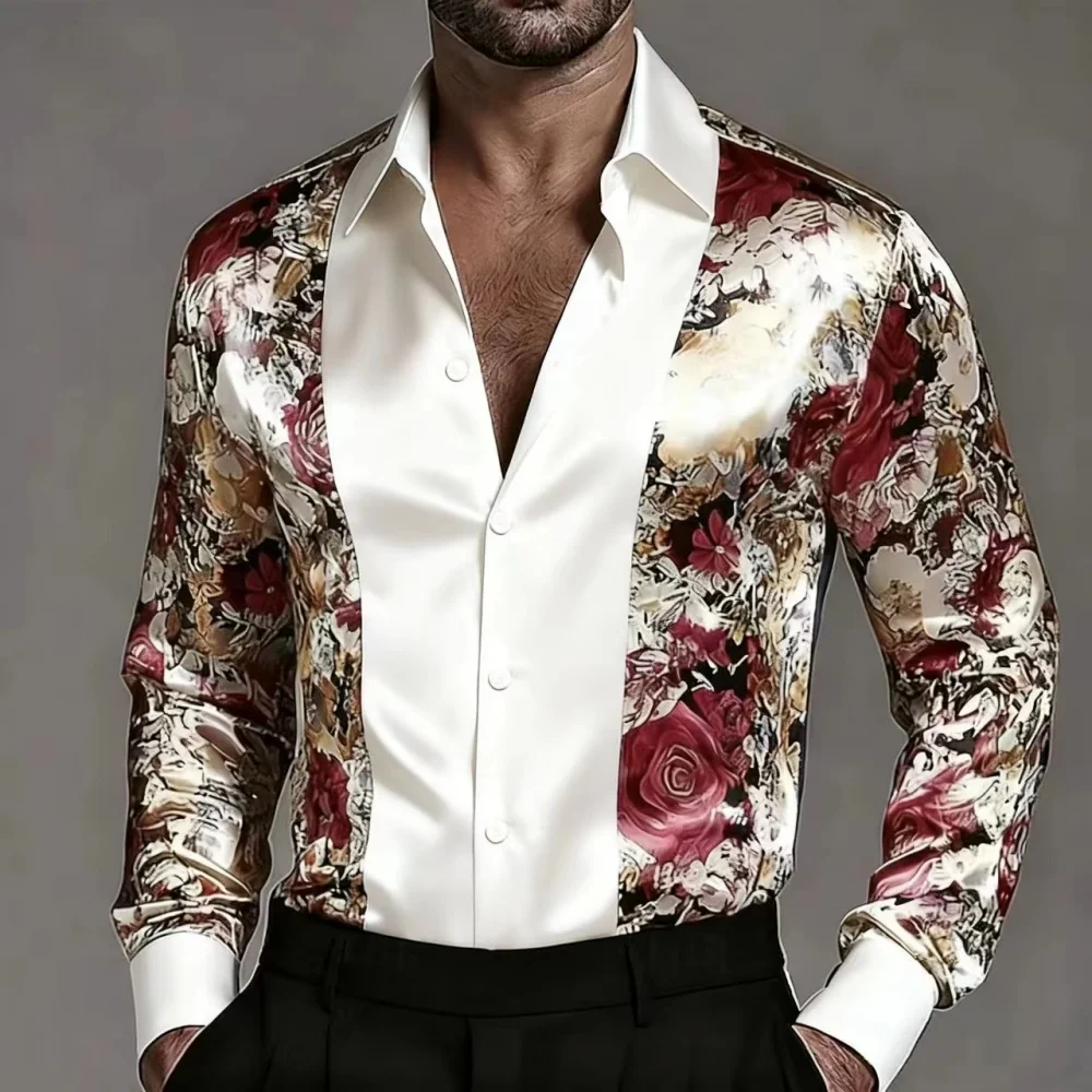 Men's Slim Fit Fashionable Shirt Contrasting Satin Striped Flower Pattern Elegant Comfortable High-Quality Casual Top