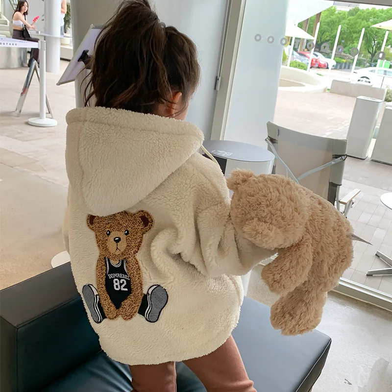 New Girls Coat Korean Children Clothing Kids Cotton Hooded Winter Bear Hair Woolen Coat Infant Baby Clothes Kids Outfits