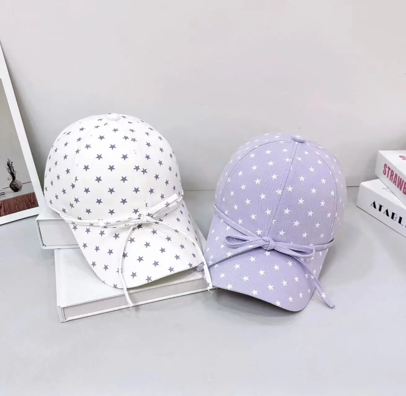 Korean Style Star Print Baseball Cap with Bow Cute Purple White Duckbill Hat for Women Face Slimming Sun Hat
