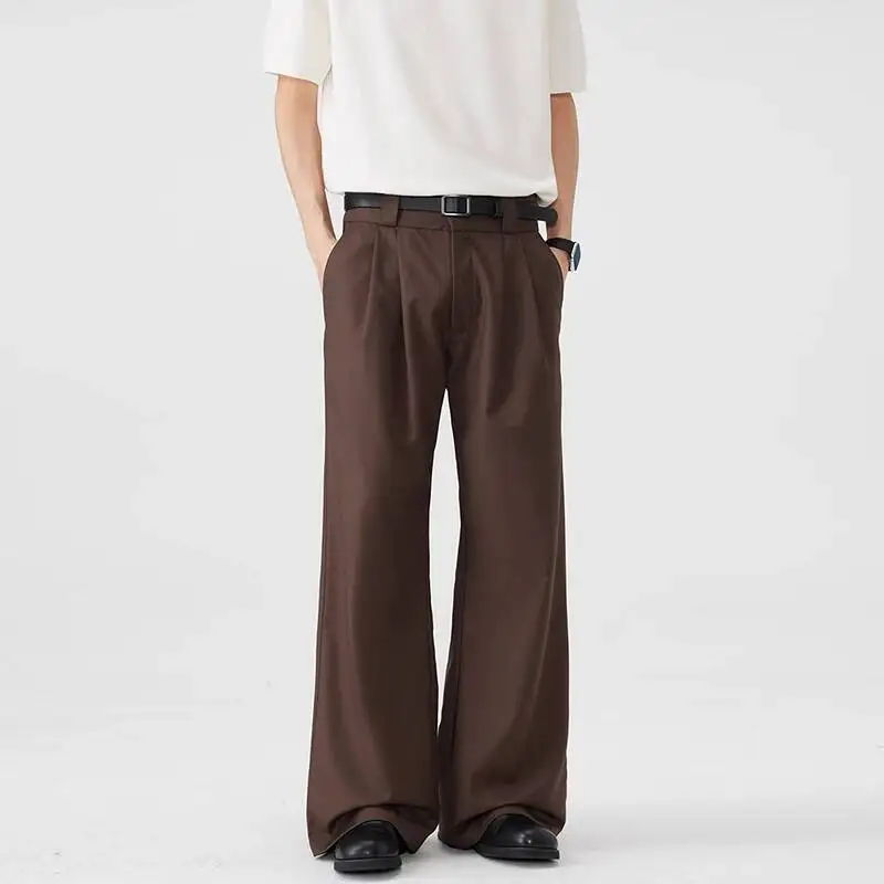 Double Minimalist Men's Waistband Wide Leg Suit Pants Dark Grey Pleated Casual Commute Premium Formal Trousers OT2Z