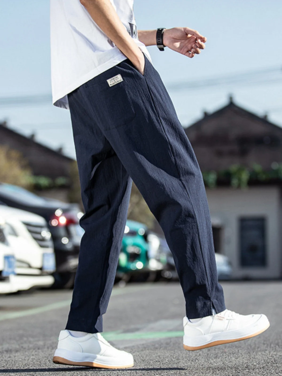 

Мужские летние тонкие льняные повседневные брюки из ледяного шелка, модные брендовые брюки большого размера с девятью очками, конусные апей, маленькие хлопковые льняные брюки