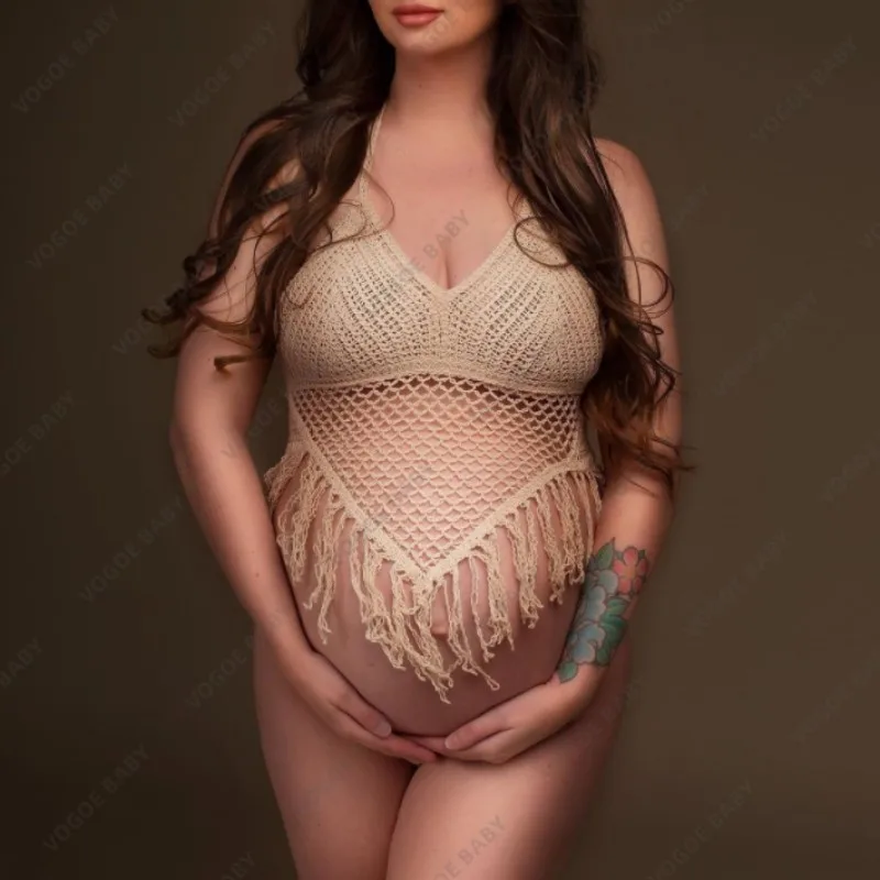 Maternidade tassel boho malha férias sutiã de malha crochê tanque superior sexy sem costas sem mangas tops fotografia maternidade