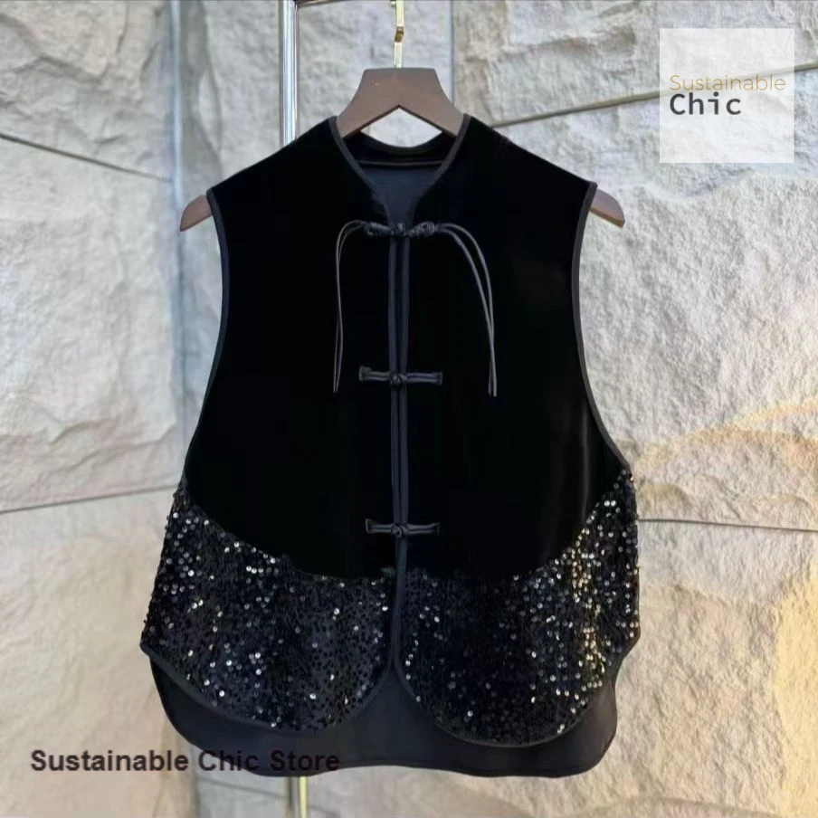 Chinese national style advanced buckle splicing heavy sequined sleeveless vest women's new velvet coat vest in autumn and winter