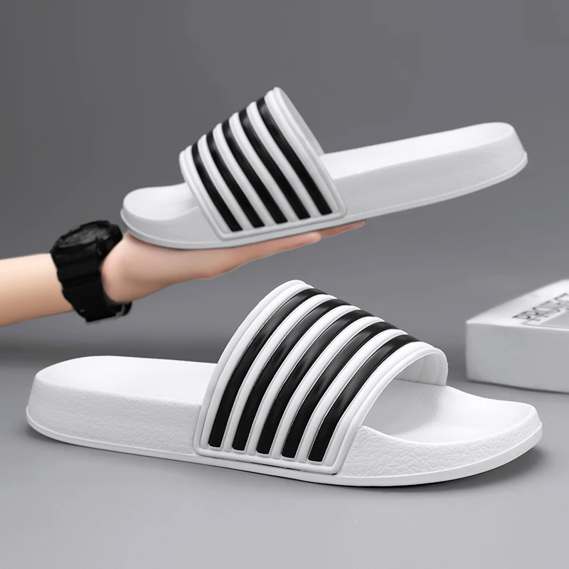 Men Shoes Women Slippers Stripes Pool Slides Summer Men Slippers Couple Beach Plus Size Sandals 46 48 Non-slip Shoes Home Slides