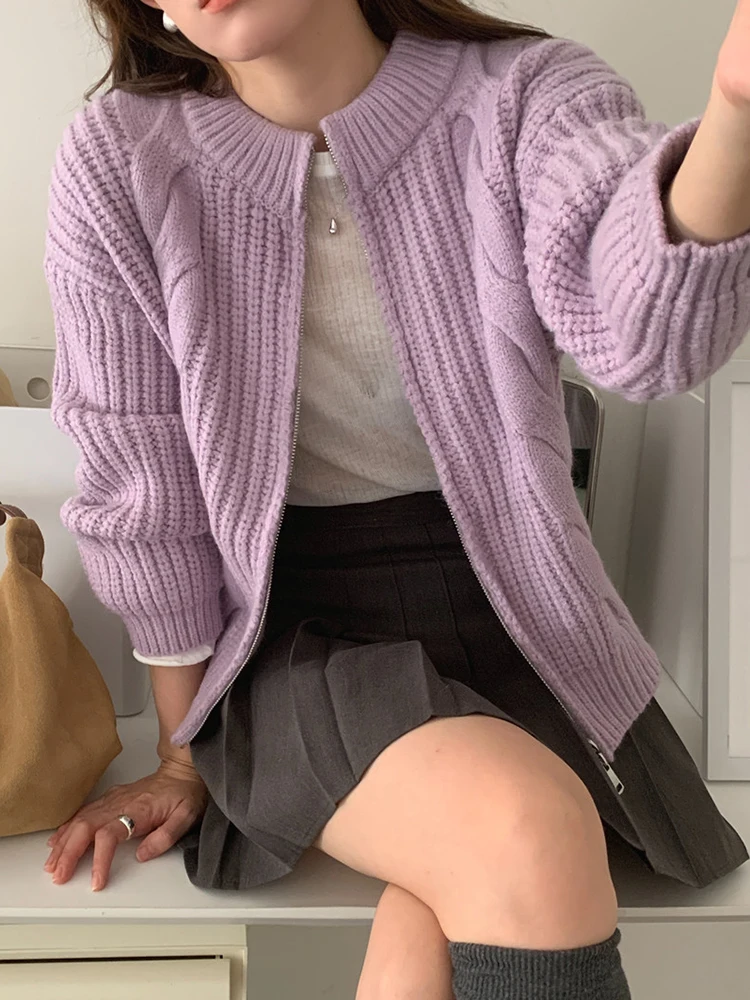 French Gentle Stand Collar Zipper Short Sweater Fashion Twist Knitted Tops Cardigans Soft Loose Casual Long Sleeve Sweater Coat