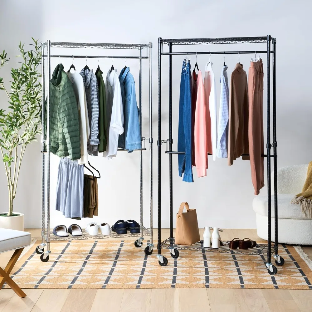

Adjustable Double Hanging Rod Garment Rolling Closet Organizer Rack with Wheels Heavy Duty Black 36 x 14 x 72 Inches