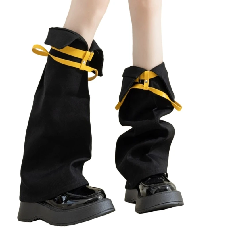 Women Fashion Leg Warmers Y2K Long Leg Socks JK Students Girls Boot Socks Leather Buckle Leg Cover