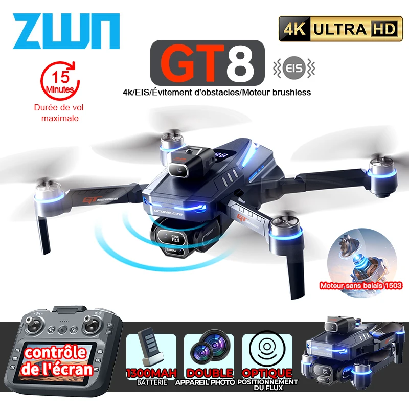 GT8 Mini Drone 4K HD Camera Aerial Aircraft Screen Remote Obstacle Avoidance EIS Optical Flow FPV Brushless Motor RC Quadcopter