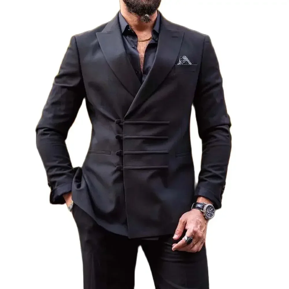 Black Men Suits Fashion Peak Lapel Business Casual Outfits Wedding Groom Tuxedo 2 Piece Blazer with Pants