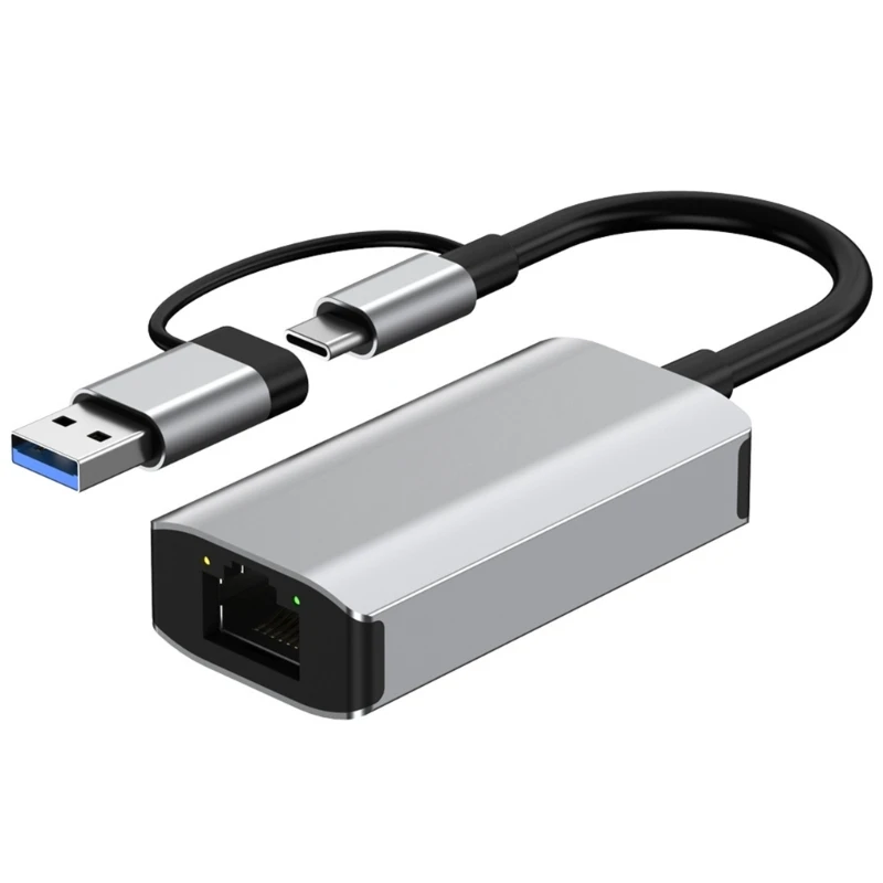 CORA Networking Adapter for Stable Internet USB to RJ45 Double Port USB A and C 2.5Gbps 1Gbps Plugs and Play Fast Speed Ethernet