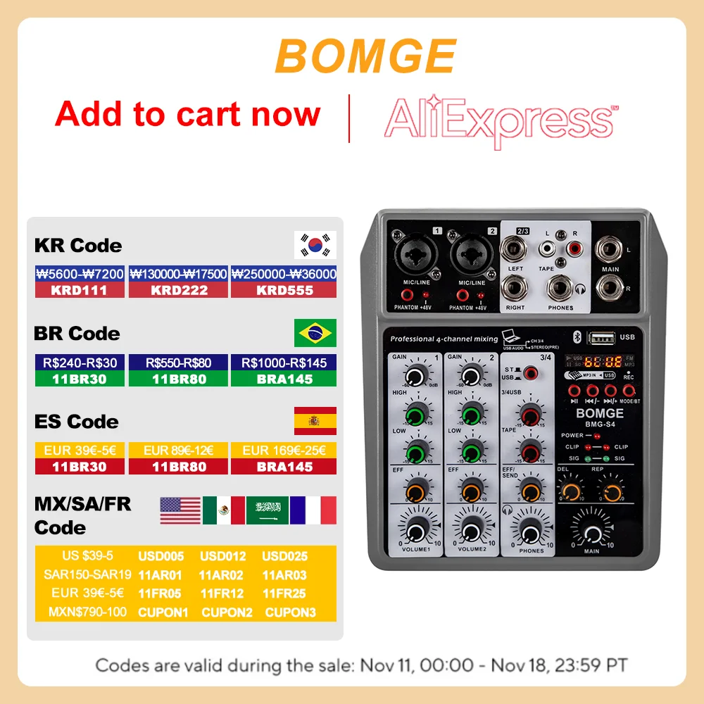 BOMGE Professional 4 channel Audio Mixer Sound Board Mixing Console Digital USB Bluetooth Echo Delay Effect Input 48V Phantom