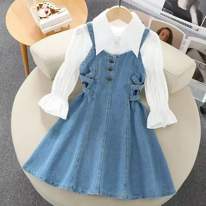 Girls Spring And Autumn Denim Dress 2023 New Children\'s Clothing Strap Dress Girls Fashionable Dress Girls Fashion Dress Set