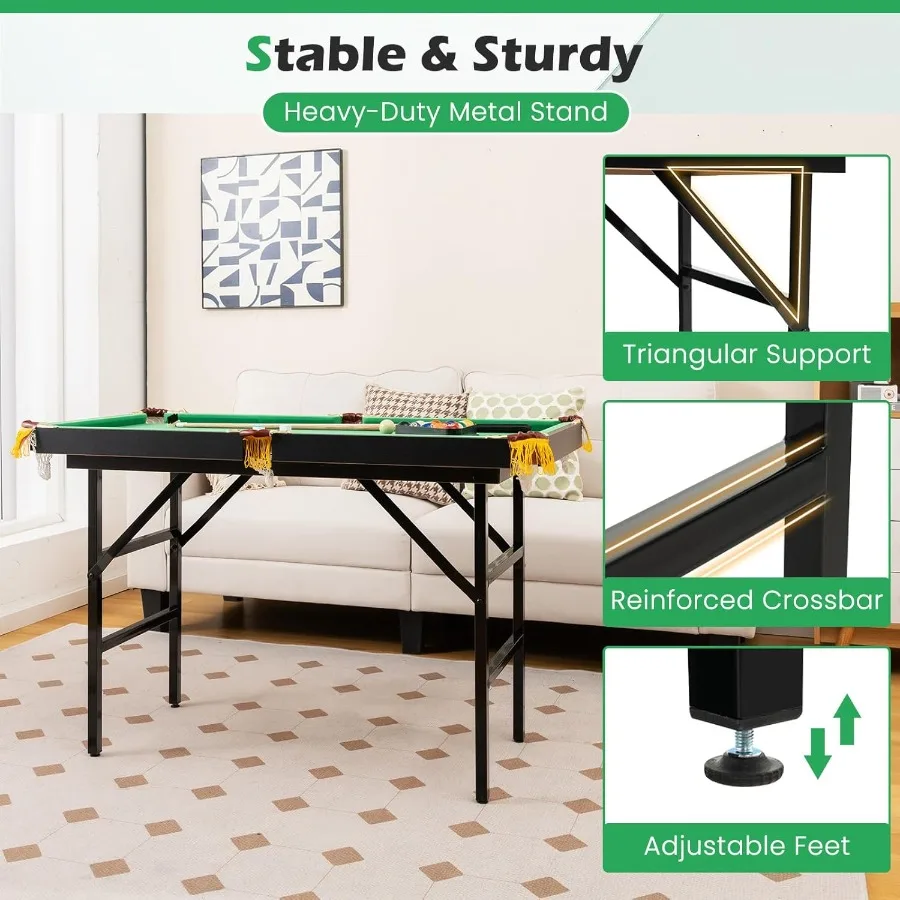 طاولة حمام سباحة صغيرة قابلة للطي مقاس 48 بوصة مع كرات 2 عصي طباشير وفرشاة للترفيه العائلي ألعاب الحفلات الداخلية المدمجة De