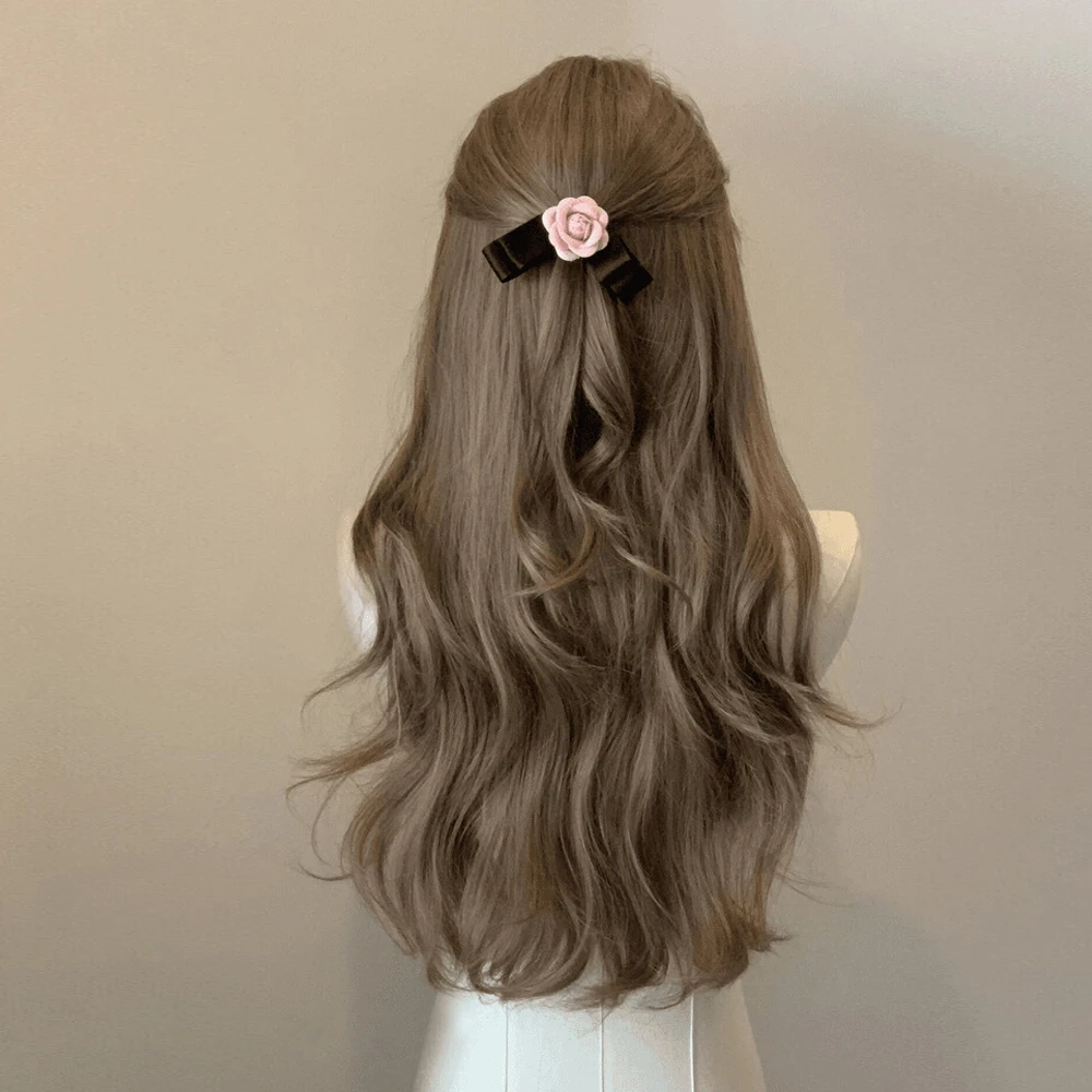 Synthetic Long Wave Flaxen Brown Wig Middle Part Fluffy Lolita Cosplay Women Heat Resistant Wig for Daily Party