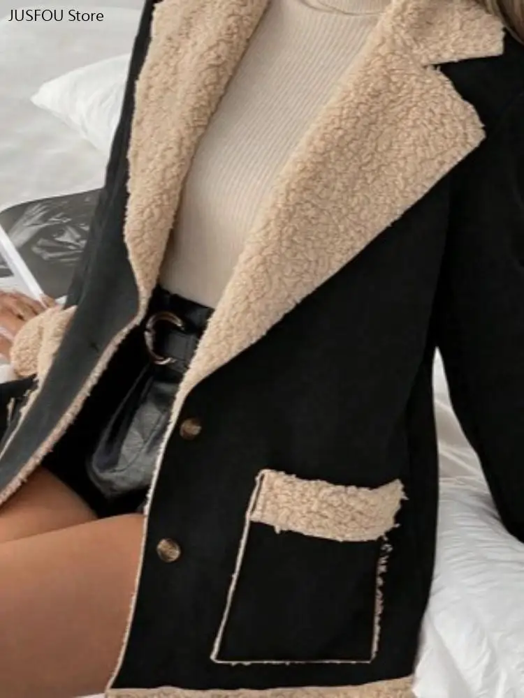 Spliced Faux Suede & Faux Lamb Wool Coat Women Autumn Winter Mid-Length Loose Lapel Integrated Faux Fur Warm Overcoat
