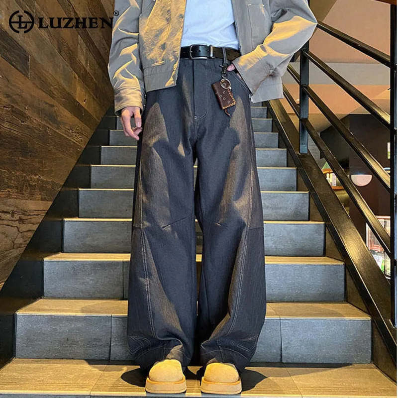 

LUZHEN Fashion Streetwear Solid Color Splicing Design Loose Casual Denim Pants Men 2025 New Handsome Straight Male Jeans JY3116