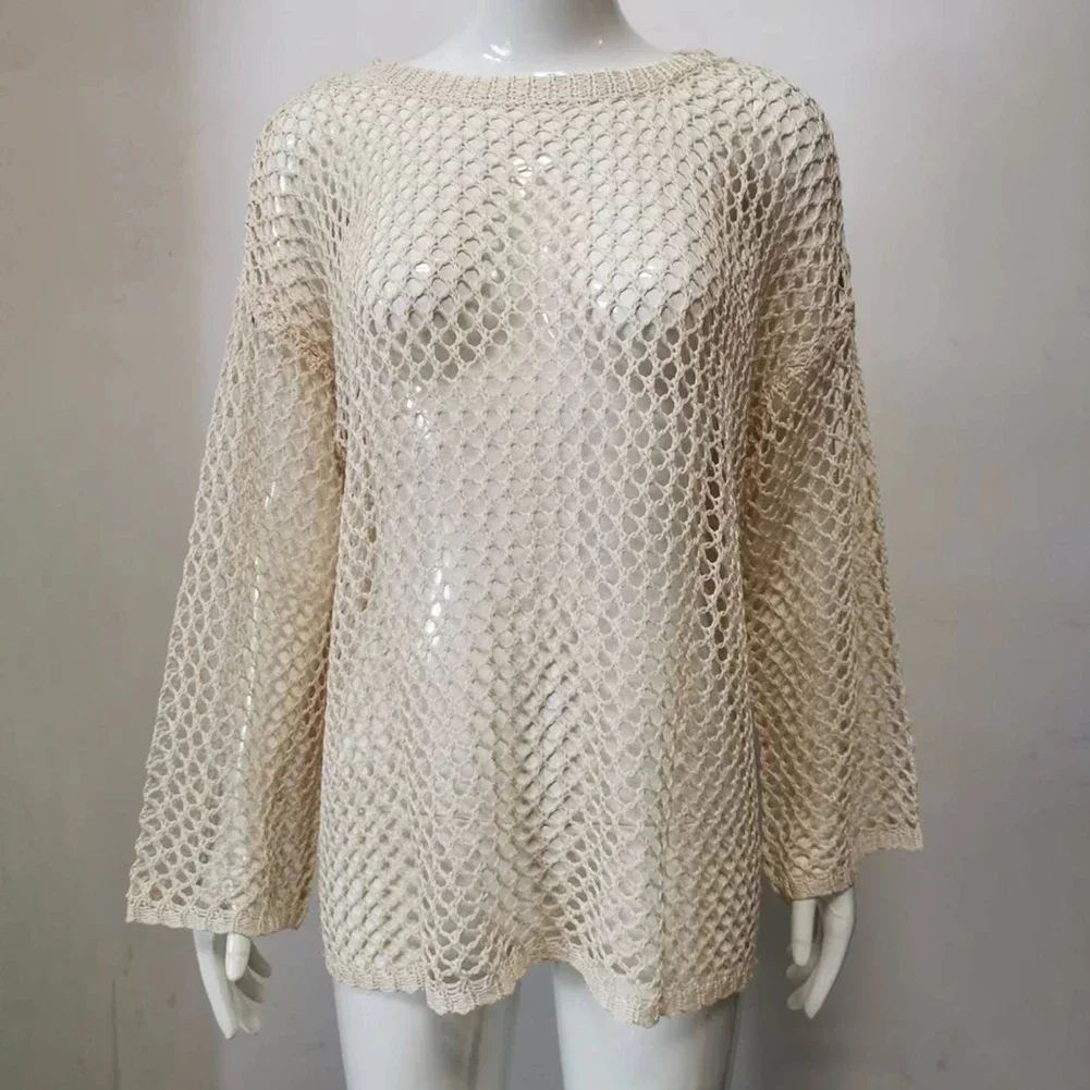 Kaus wanita lengan panjang, Sweater Perempuan, atasan transparan, kaus rajut kasual leher O, kaus lengan panjang rajut, pakaian jalanan