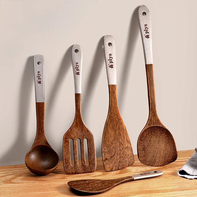 5PCS Silver Handle Wood Kitchen Utensil Set Spatula Ladle Rice Spoon Slotted Turner Angled Healthy Heat-Resistant Easy to Clean