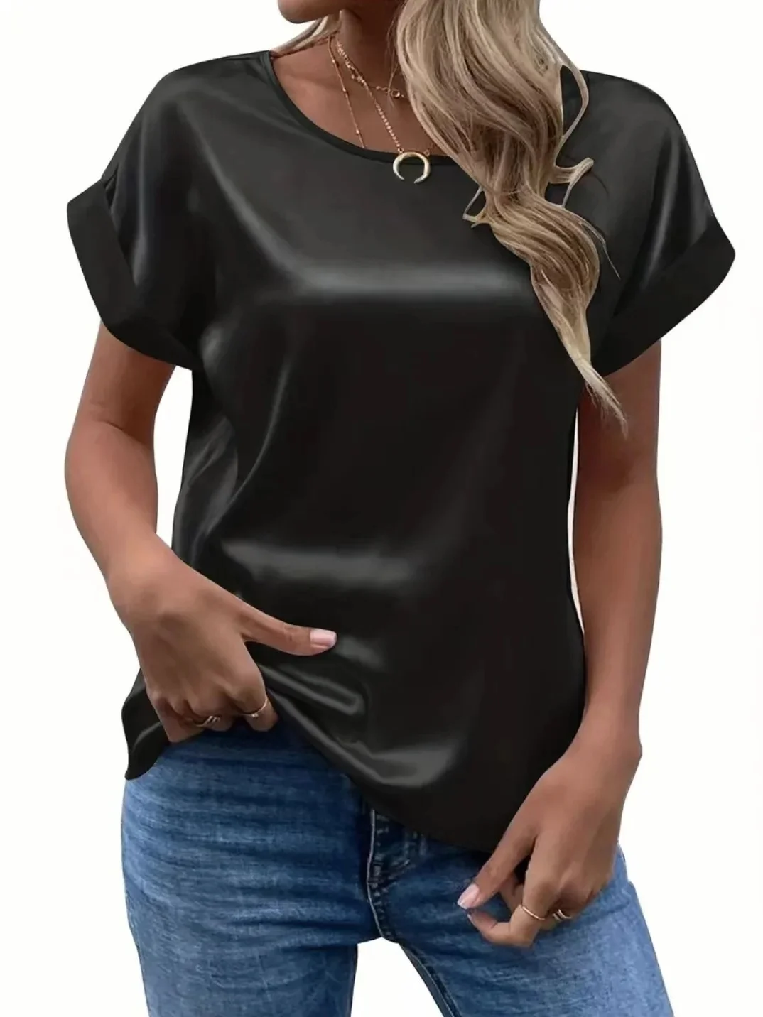 Women Summer Style Satin Blouses Shirts Lady Casual Short Sleeve O-Neck Solid Color Loose Blusas Tops