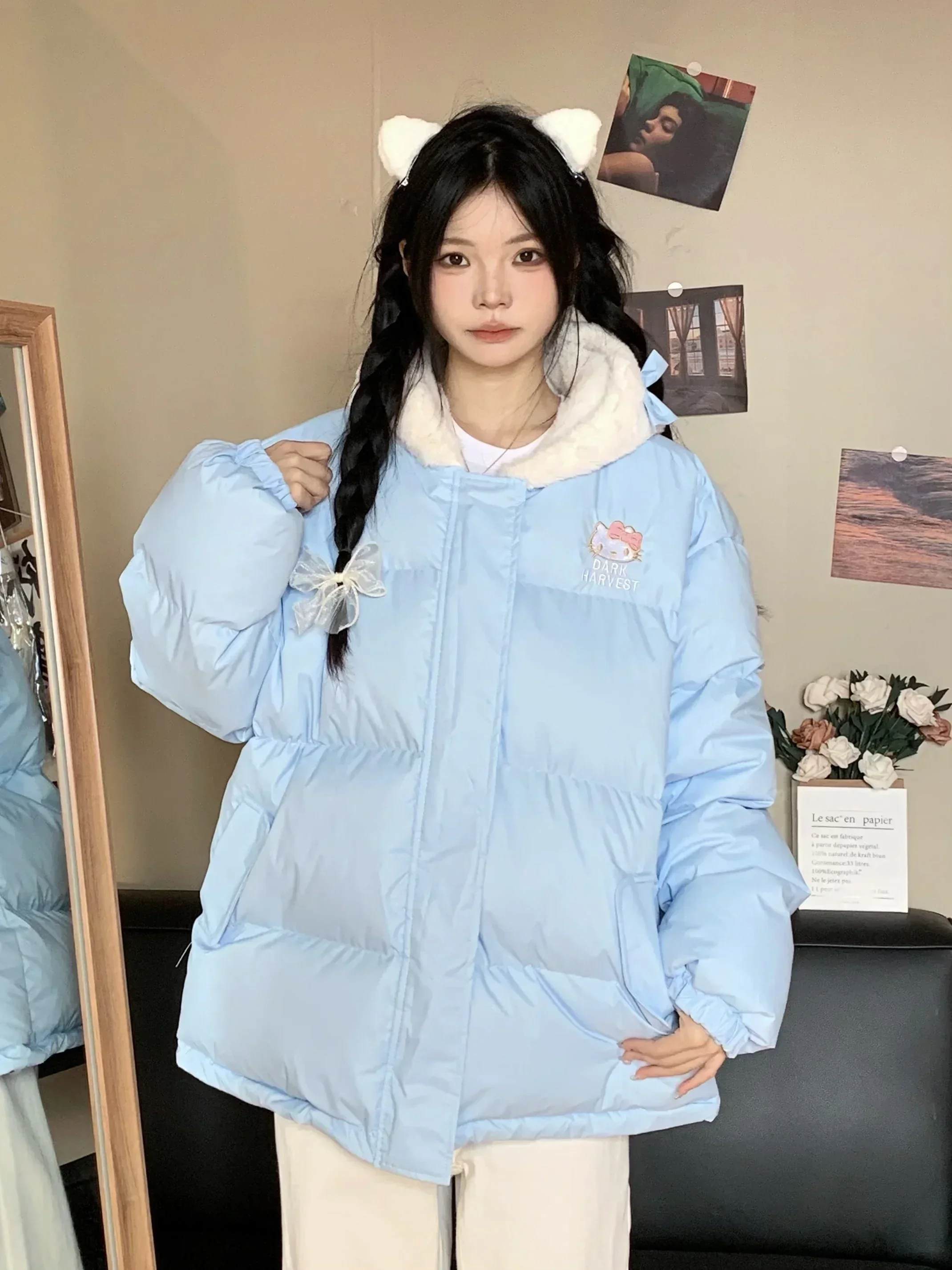 Sanrio Hello Kitty Baumwolle gepolsterte Mäntel japanisches Mädchen süße süße lose warme verdickte Student Casual Y2k Strickjacke Jacke Frauen