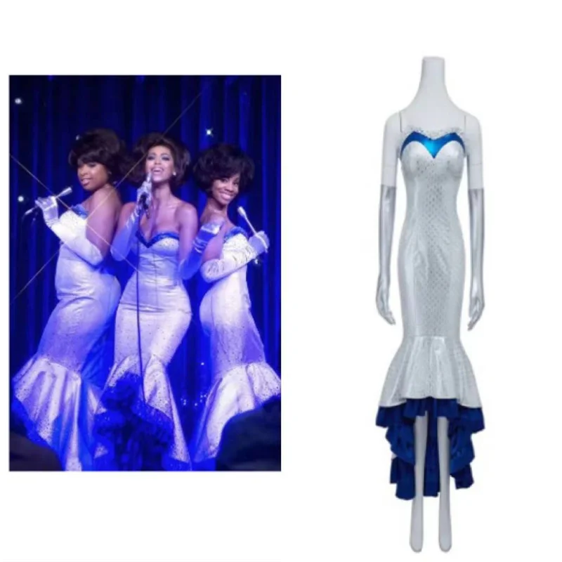 Music Movie Dreamgirls Dina Jones Cosplay Costume Fantasy Blue Wagging Stage Performance Outfits With Gloves Custom