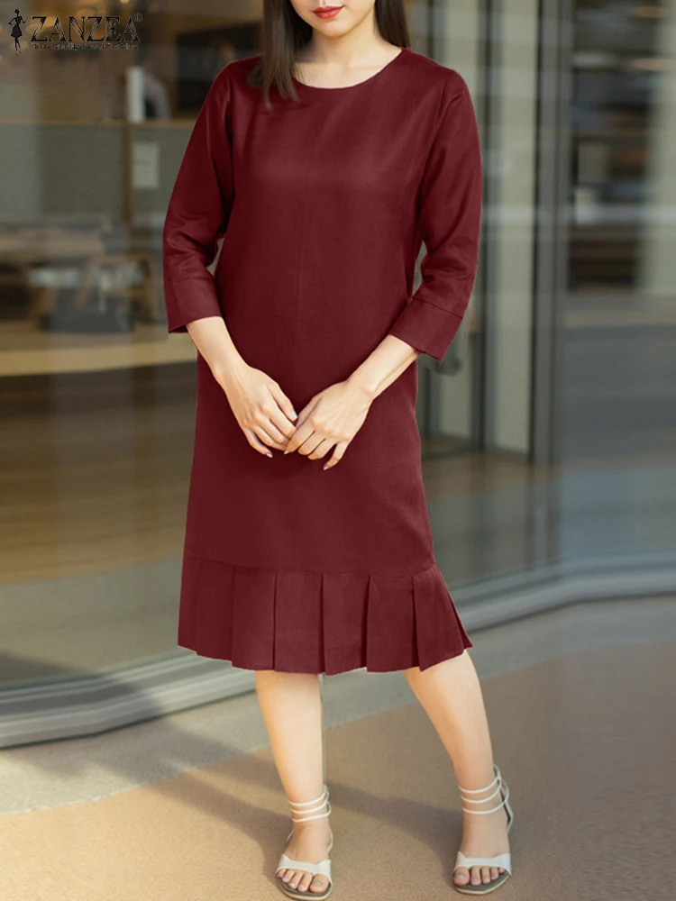 فستان صيفي للعمل من ZANZEA OL فستان نسائي أنيق لمنتصف الساق من ZANZEA 2025 بلون سادة وأكمام قصيرة مكشكشة فساتين غير رسمية برقبة دائرية