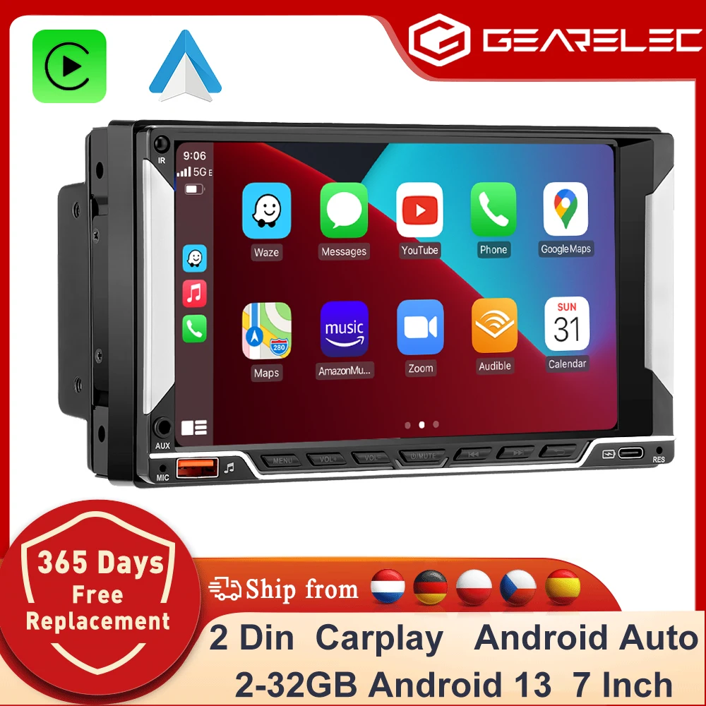 GEARELEC أندرويد 13 راديو السيارة 7 بوصة العالمي 2 din Carplay أندرويد السيارات نظام تحديد المواقع والملاحة بلوتوث FM RDS راديو واي فاي شاشة تعمل باللمس #1