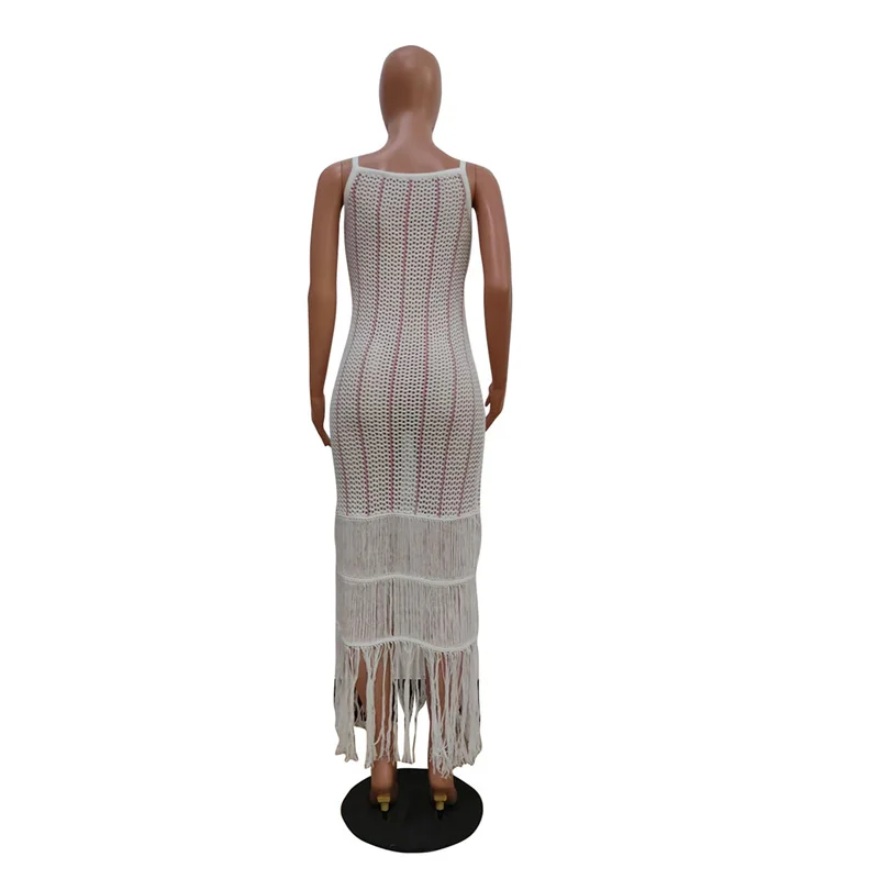XXL-vestido largo de punto con borlas para mujer, traje de baño Sexy sin mangas para playa, traje de baño de ganchillo para cubrir Bikini, traje de baño femenino de verano
